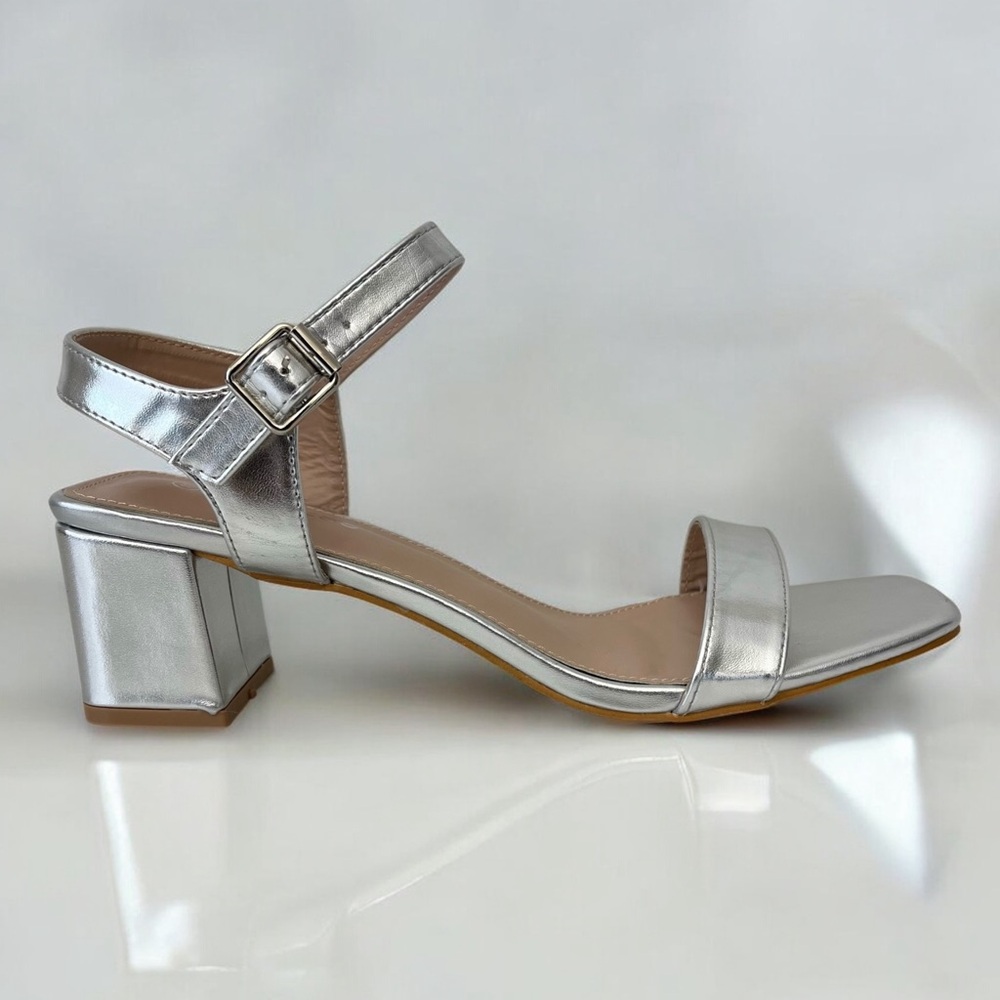 Silver Block Heel Sandal with Ankle Strap